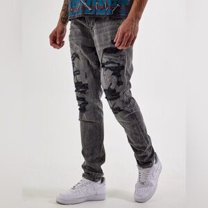 JORDAN CRAIG Sean Slim Taper Jean Rip & Repair Distressed Black Denim Streetwear